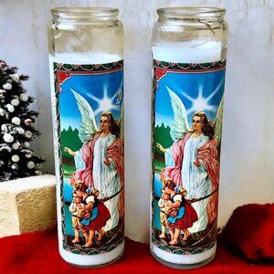 Religious Candle Glass Tall Pillar Vintage USA 1987 GUARDIAN ANGEL Christianity
